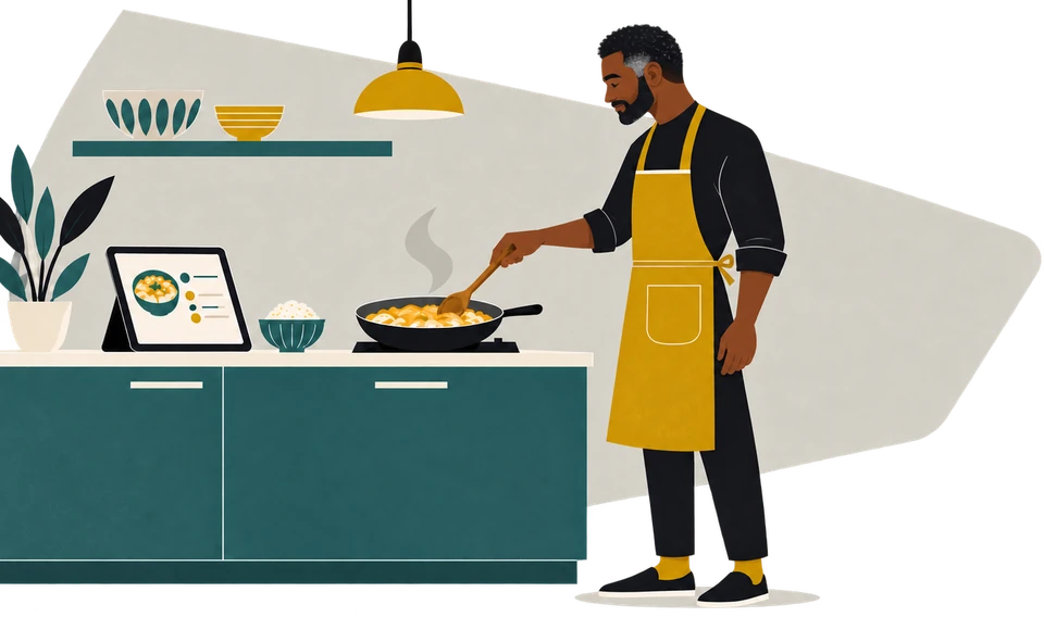 Mid-century-style illustration of a dad cooking oyakodon for his family.