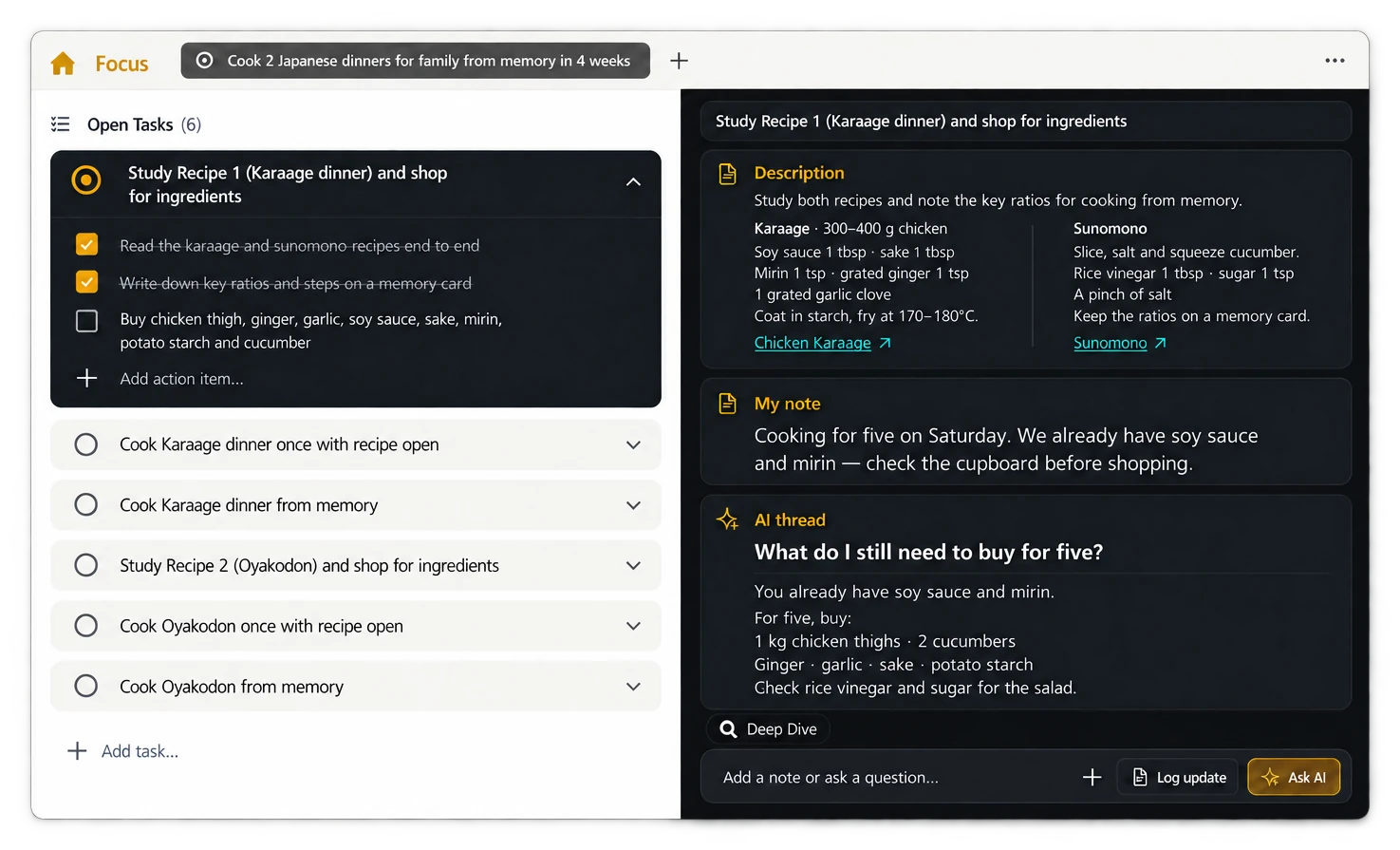 Illustrated Task Matter workspace: a cooking goal's task list beside recipe details, a personal note and an AI shopping conversation.