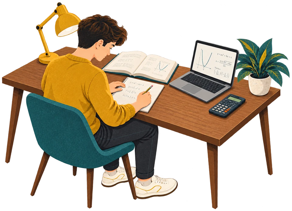Mid-century-style illustration of a student writing maths at a desk with a laptop and open textbook.