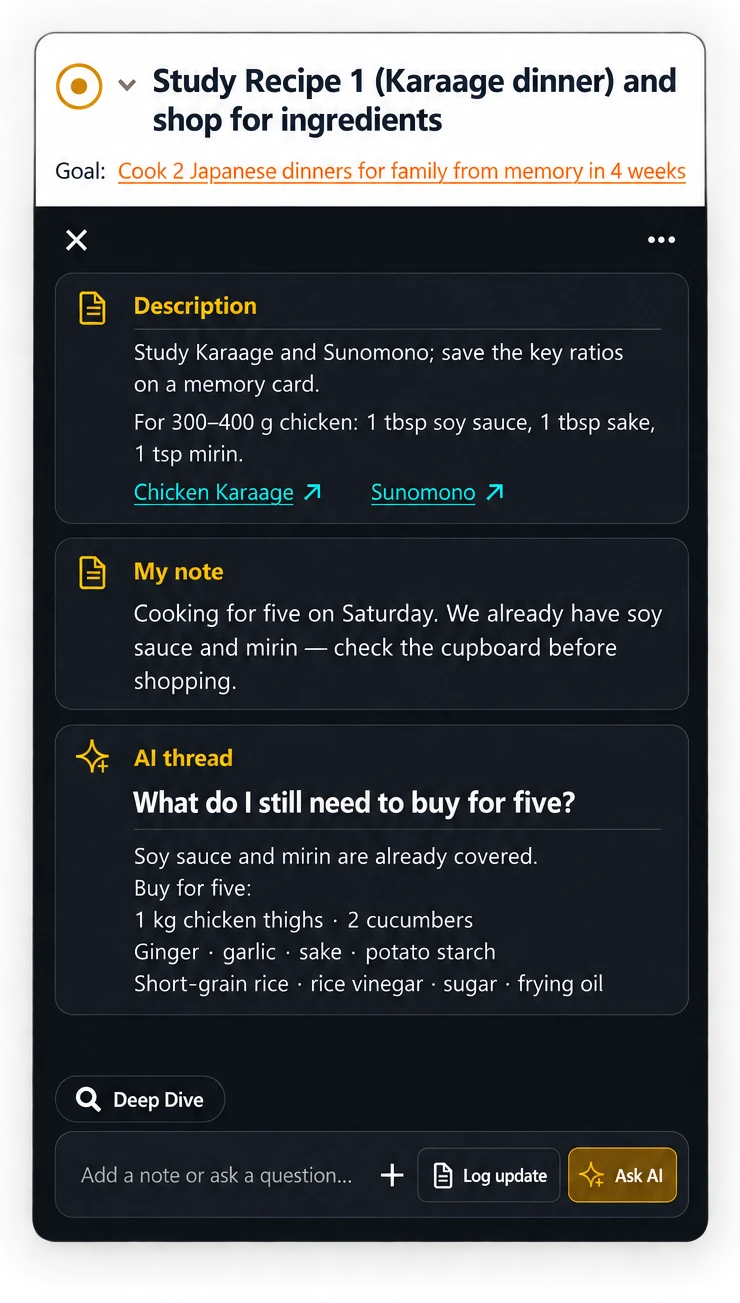 Mobile Matter panel for a cooking task, keeping recipe details, a personal note and an AI shopping conversation together.
