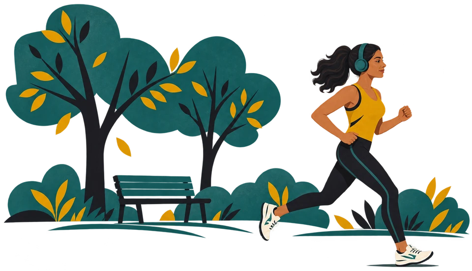 Mid-century-style illustration of a woman running through a leafy park.