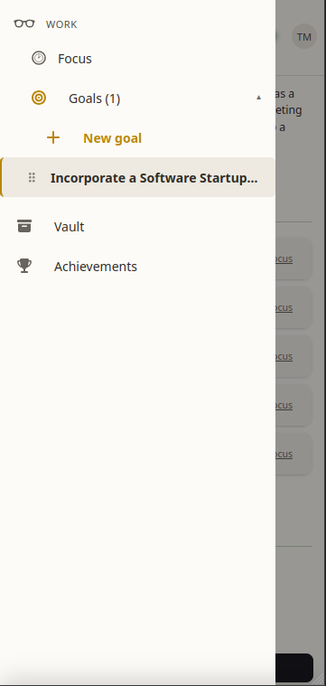 Task Matter mobile navigation drawer showing Focus, Goals, Vault, and Achievements.