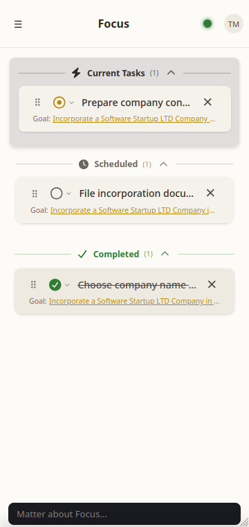Task Matter mobile Focus panel with current, scheduled, and completed tasks.